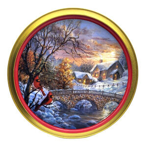 Vintage Nicky Boehme Serving Tray Cardinals Winter Scene 13" Round Metal